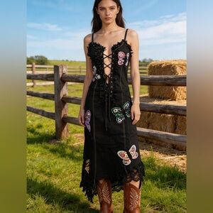 Black denim stretch hand beaded Lace-Up Dress. Attitudes by Debra